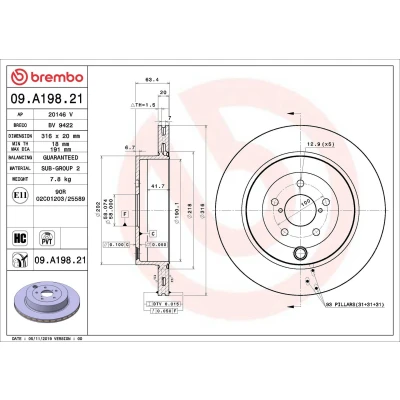 Billede af BREMBO 09.A198.21 Bremseskiver 316 20 5 indvendigt ventileret coatet højkarboniseret