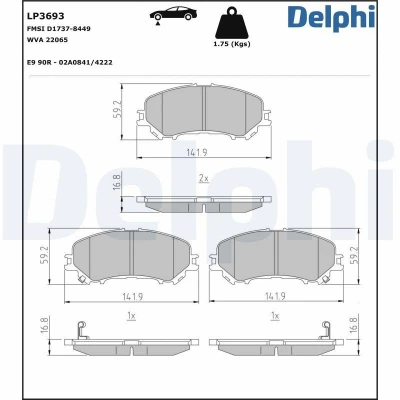 Billede af DELPHI LP3693 Bremseklodser med akustisk advarsel for slid uden anti knirke plade tilbehør NISSAN: Qashqai 2, X Trail, RENAULT: Koleos 2