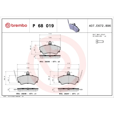 Billede af BREMBO P 68 019 Bremseklodser Inkl. slidadvarselskontakt med bremsecaliperskruer uden tilbehør RENAULT: ESPACE 2