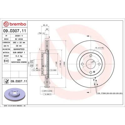 Billede af BREMBO 09.D307.11 Bremseskiver 280 22 4 indvendigt ventileret coatet MAZDA: MX 5 IV RF Targa,