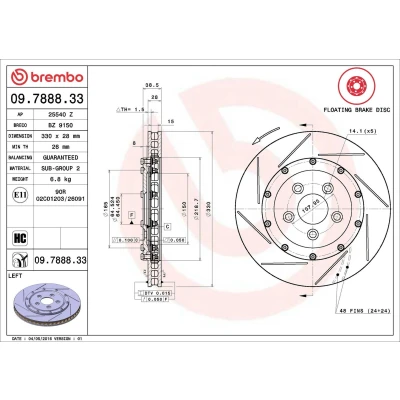 Billede af BREMBO 09.7888.33 Bremseskiver 330 28 5 opslidset, indvendigt ventileret coatet højkarboniseret