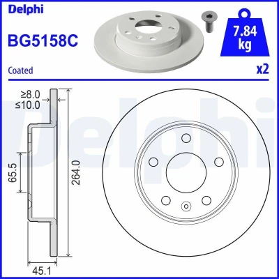 Billede af DELPHI BG5158C Bremseskiver 264 10 5 fuldstændigt coatet ubehandlet uden hjullejer, ABS sensorring OPEL: Zafira B