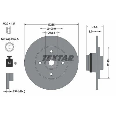 Billede af TEXTAR PRO 92154003 Bremseskiver 238 8 04/04 100 fuldstændigt coatet med ABS sensorring, hjulleje RENAULT: CLIO 2, MEGANE 1 Cabriolet