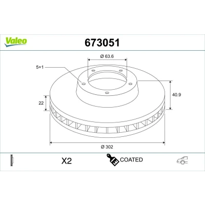 Billede af VALEO Bremseskive VOLVO: V70 3, V60 I, S80 II bagaksel 302mm 22mm 5 hul ventileret 673051 Bremseskiver, Skivebremser
