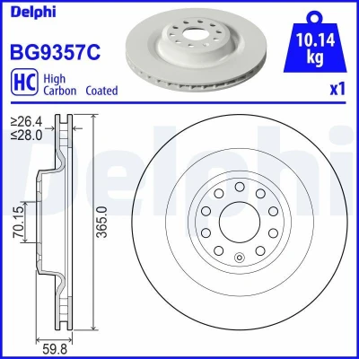 Billede af DELPHI BG9357C Bremseskiver 365 28 5 ventileret coatet højkarboniseret uden hjullejer, ABS sensorring TESLA: Model S, X
