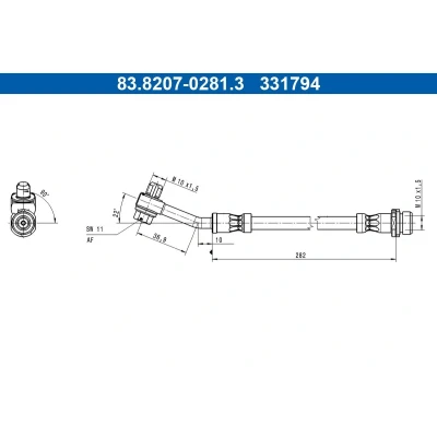 Billede af ATE 83.8207 0281.3 Bremseslange 282mm M10x1,5mm FORD USA: Mustang Mach E EV GT 4x4, EV, 4x4 2020