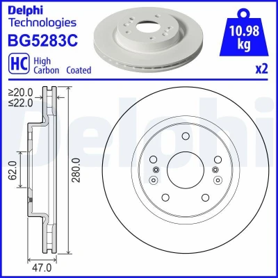 Billede af 2x DELPHI Bremseskive SUZUKI: Vitara IV SUV, SX4 II S Cross 280mm 22mm 5 ventileret BG5283C 5531161M00,5531161M00000,5531161M10,5531161M11