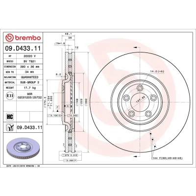 Billede af BREMBO 09.D433.11 Bremseskiver 380 36 5 indvendigt ventileret coatet højkarboniseret JAGUAR: XF Sedan, Sportbrake