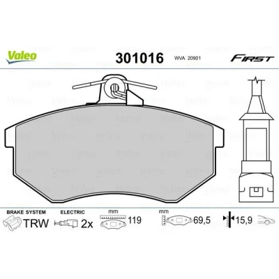 Billede af VALEO 301016 Bremseklodser FIRST foraksel Inkl. slidadvarselskontakt uden anti knirke plade VOLKSWAGEN: GOLF 3, 2, Polo III Hatchback