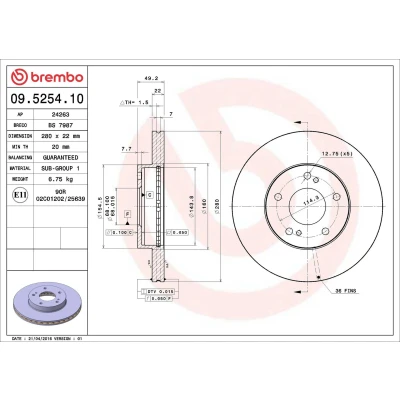 Billede af BREMBO 09.5254.10 Bremseskiver 280 22 5 indvendigt ventileret