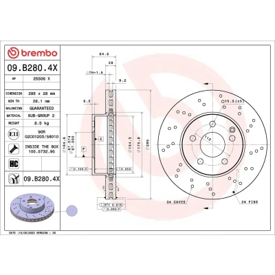 Billede af BREMBO Bremseskive MERCEDES BENZ: C klasse T modell, E Sedan, modell 295mm 28mm 5 perforeret/indv. ventileret coatet 09.B280.4X