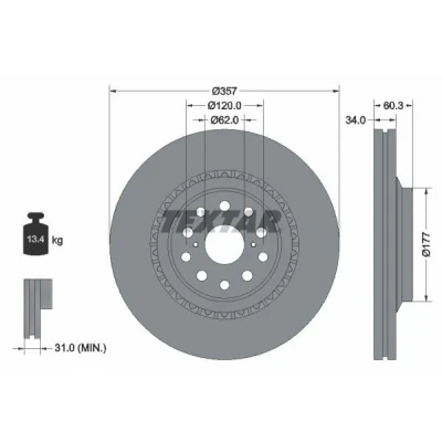 Billede af TEXTAR PRO 92224303 Bremseskiver 357 34 05/12 120 udvendig ventileret coatet uden hjulbolte, hjulnav