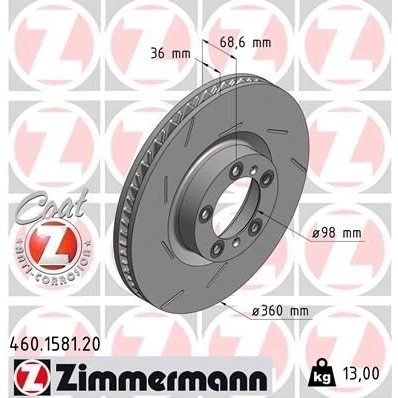 Billede af ZIMMERMANN COAT Z 460.1581.20 Bremseskiver 360 36 7/5 5 130 indvendigt ventileret, opslidset coatet højkarboniseret