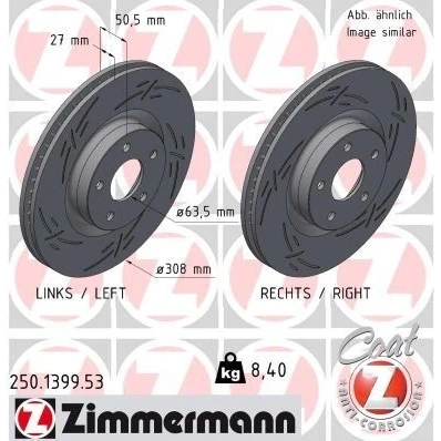 Billede af ZIMMERMANN 250.1399.53 Bremseskiver 308 27 5/5 5 108 indvendigt ventileret, opslidset coatet FORD: Focus Mk4 Hatchback, Turnier