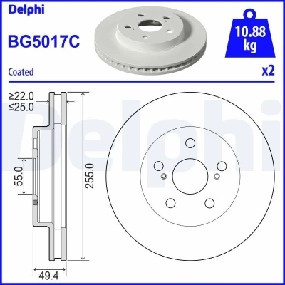 Billede af DELPHI BG5017C Bremseskiver 255 25 5 ventileret coatet ubehandlet uden hjullejer, ABS sensorring TOYOTA: Prius PHV Hatchback, IV Liftback