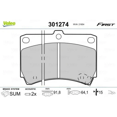 Billede af VALEO 301274 Bremseklodser FIRST foraksel Inkl. slidadvarselskontakt uden anti knirke plade MAZDA: MX 3, FAMILIA 4, 5, KIA: Rio I Stationcar