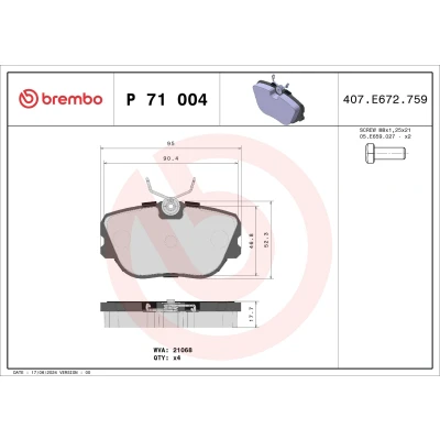 Billede af BREMBO P 71 004 Bremseklodser Ekskl. slidadvarselskontakt med bremsecaliperskruer uden tilbehør SAAB: 9000 Hatchback, 900 I Combi Coupe, Sedan