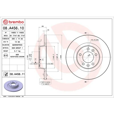 Billede af BREMBO 08.A456.10 Bremseskiver 290 14 5 fuldstændigt PEUGEOT: Expert II Van, Tepee, CITROËN: Jumpy MPV, FIAT: Scudo