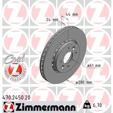 Billede af ZIMMERMANN COAT Z 470.2450.20 Bremseskiver 280 24 6/4 4 100 udvendig ventileret coatet højkarboniseret RENAULT: Captur, Clio V Hatchback