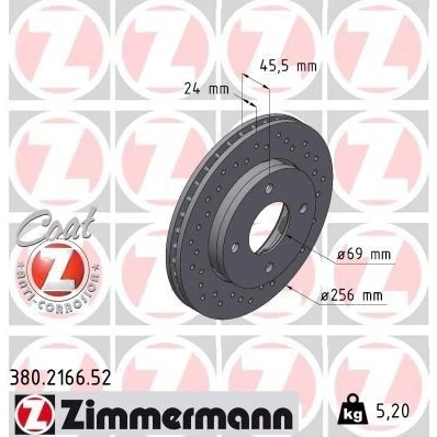 Billede af ZIMMERMANN SPORT COAT Z 380.2166.52 Bremseskiver 256 24 4/4 4 114 udvendig ventileret, hullet coatet højkarboniseret MITSUBISHI: COLT 6