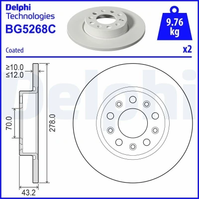 Billede af DELPHI Bremseskive 278mm 12mm 5 fuldstændigt coatet BG5268C Bremseskiver, Skivebremser