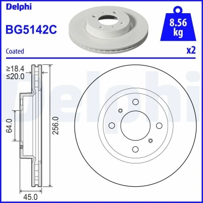 Billede af DELPHI BG5142C Bremseskiver 256 20 4 ventileret coatet ubehandlet uden hjullejer, ABS sensorring
