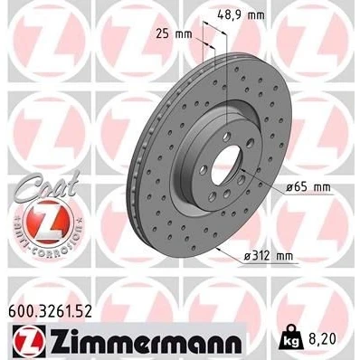 Billede af ZIMMERMANN 600.3261.52 Bremseskiver 312 25 6/5 5 100 indvendigt ventileret, hullet coatet højkarboniseret VOLKSWAGEN: Polo VI