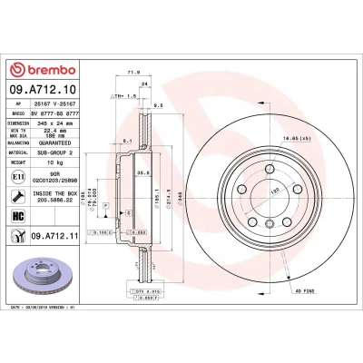 Billede af BREMBO COATED DISC LINE 09.A712.11 Bremseskiver 345 24 5 indvendigt ventileret coatet højkarboniseret med skruer BMW: 7