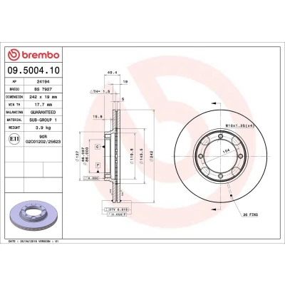 Billede af BREMBO 09.5004.10 Bremseskiver 242 19 4 indvendigt ventileret