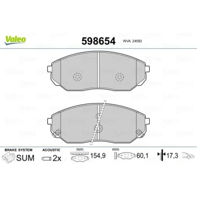 Billede af VALEO 598654 Bremseklodser foraksel Inkl. slidadvarselskontakt uden anti knirke plade KIA: SORENTO 1