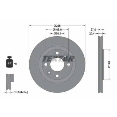 Billede af TEXTAR PRO 92048103 Bremseskiver 266 20,4 04/06 108 udvendig ventileret coatet uden hjullejer, hjulbolte, hjulnav PEUGEOT: 206 Hatchback