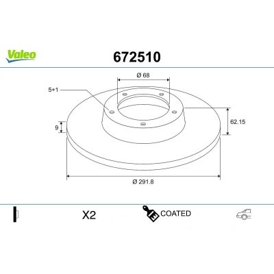 Billede af VALEO 672510 Bremseskiver bagaksel 292 9 5 fuldstændigt coatet NISSAN: Qashqai / Qashqai+2 I, Pulsar Hatchback, Juke, HYUNDAI: Ioniq