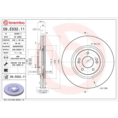 Billede af BREMBO 09.E532.11 Bremseskiver 330 30 5 indvendigt ventileret coatet højkarboniseret KIA: Optima / K5 Sportswagon, Sedan