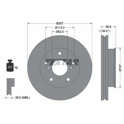 Billede af TEXTAR PRO 92236003 Bremseskiver 257 28 05/07 114,3 indvendigt ventileret coatet uden hjulbolte, hjulnav TOYOTA: HILUX 3 Pick up