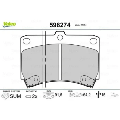 Billede af VALEO 598274 Bremseklodser foraksel Inkl. slidadvarselskontakt uden anti knirke plade MAZDA: 2 Hatchback, 323 P V FAMILIA 4, KIA: SORENTO