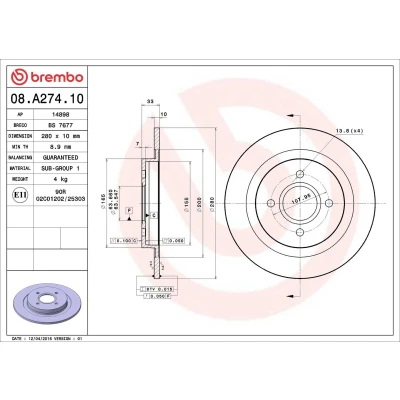 Billede af BREMBO 08.A274.10 Bremseskiver 280 10 4 fuldstændigt FORD: Focus Mk1 Hatchback, Stationcar
