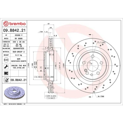 Billede af BREMBO COATED DISC LINE 09.B842.21 Bremseskiver 330 26 5 perforeret/indv. ventileret coatet højkarboniseret med skruer MERCEDES BENZ: S klasse Sedan