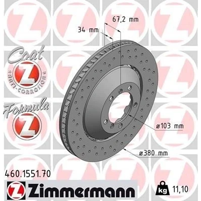 Billede af ZIMMERMANN 460.1551.70 Bremseskiver 380 34 7/5 5 130 ventileret, hullet, todelt bremseskive coatet legeret PORSCHE: 911 Coupe
