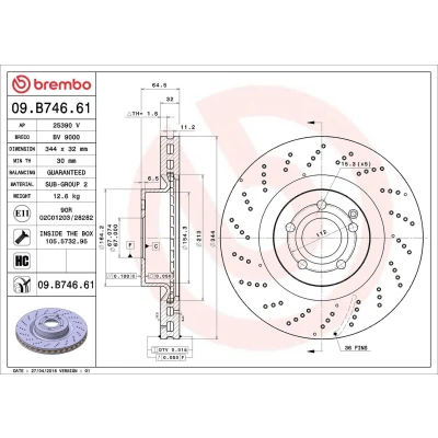 Billede af BREMBO COATED DISC LINE 09.B746.61 Bremseskiver 344 32 5 perforeret/indv. ventileret coatet højkarboniseret med skruer