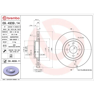 Billede af BREMBO 09.4939.14 Bremseskiver 284 22 4 indvendigt ventileret med skruer ABARTH: 500 / 595 695 Hatchback, 500C 595C 695C Cabriolet