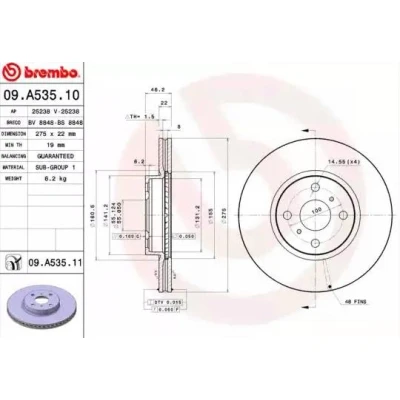 Billede af BREMBO COATED DISC LINE 09.A535.11 Bremseskiver 275 22 4 indvendigt ventileret coatet TOYOTA: Yaris III Hatchback, II Corolla X Sedan