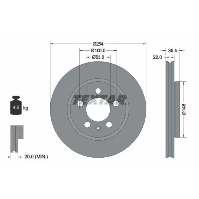 Billede af TEXTAR 92329503 Bremseskiver 254 22 05/06 100 udvendig ventileret coatet uden hjullejer, hjulbolte, hjulnav VOLKSWAGEN: Polo V Hatchback