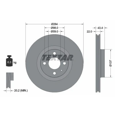 Billede af TEXTAR PRO 92053503 Bremseskiver 284 22 04/06 98 indvendigt ventileret coatet uden hjulbolte, hjulnav FIAT: 500 Hatchback, BRAVO 2