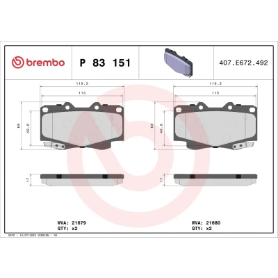 Billede af BREMBO P 83 151 Bremseklodser med akustisk advarsel for slid uden tilbehør TOYOTA: HILUX 3 Pick up