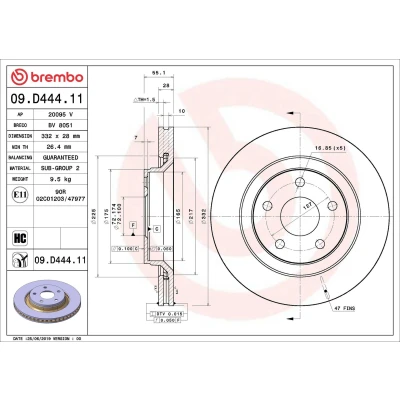 Billede af BREMBO 09.D444.11 Bremseskiver 332 28 5 indvendigt ventileret coatet højkarboniseret