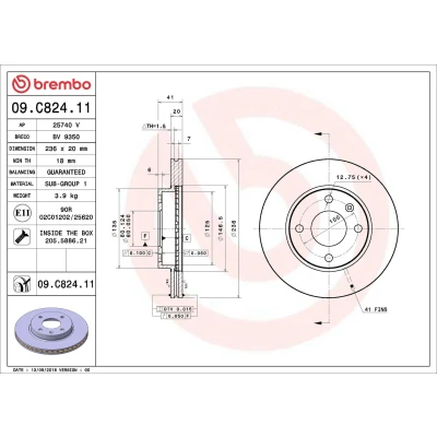 Billede af BREMBO 09.C824.11 Bremseskiver 236 20 4 indvendigt ventileret coatet med skruer OPEL: Karl