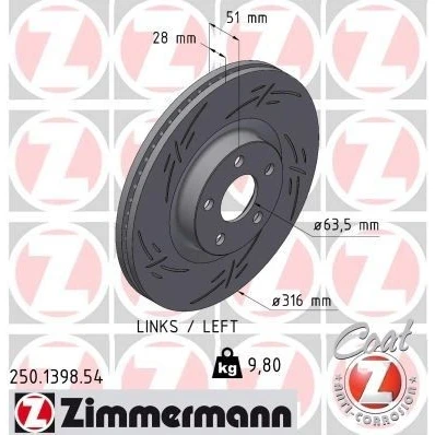 Billede af ZIMMERMANN 250.1398.54 Bremseskiver 316 28 5/5 5 108 indvendigt ventileret, opslidset coatet FORD: Galaxy Mk3 MPV