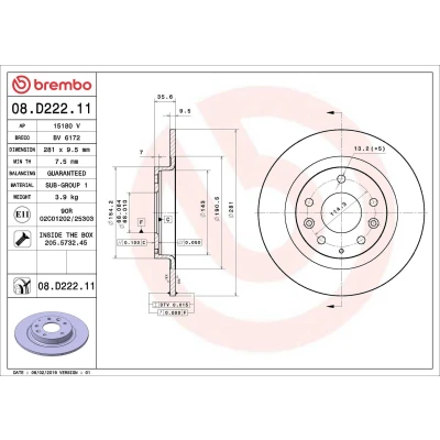 Billede af BREMBO 08.D222.11 Bremseskiver 281 9,5 5 fuldstændigt coatet med skruer MAZDA: CX 3