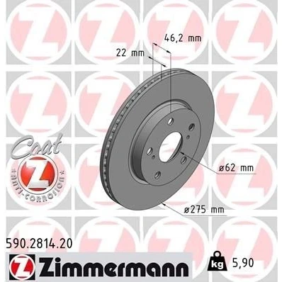 Billede af ZIMMERMANN COAT Z 590.2814.20 Bremseskiver 275 22 7/5 5 114 indvendigt ventileret coatet højkarboniseret TOYOTA: Auris Hatchback