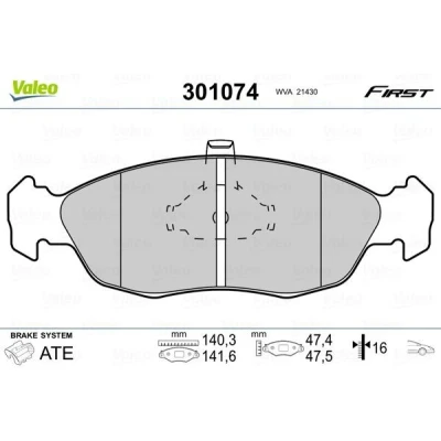 Billede af VALEO 301074 Bremseklodser FIRST foraksel Ekskl. slidadvarselskontakt uden anti knirke plade CITROËN: Saxo Hatchback, Xsara Coupe, Hatchback